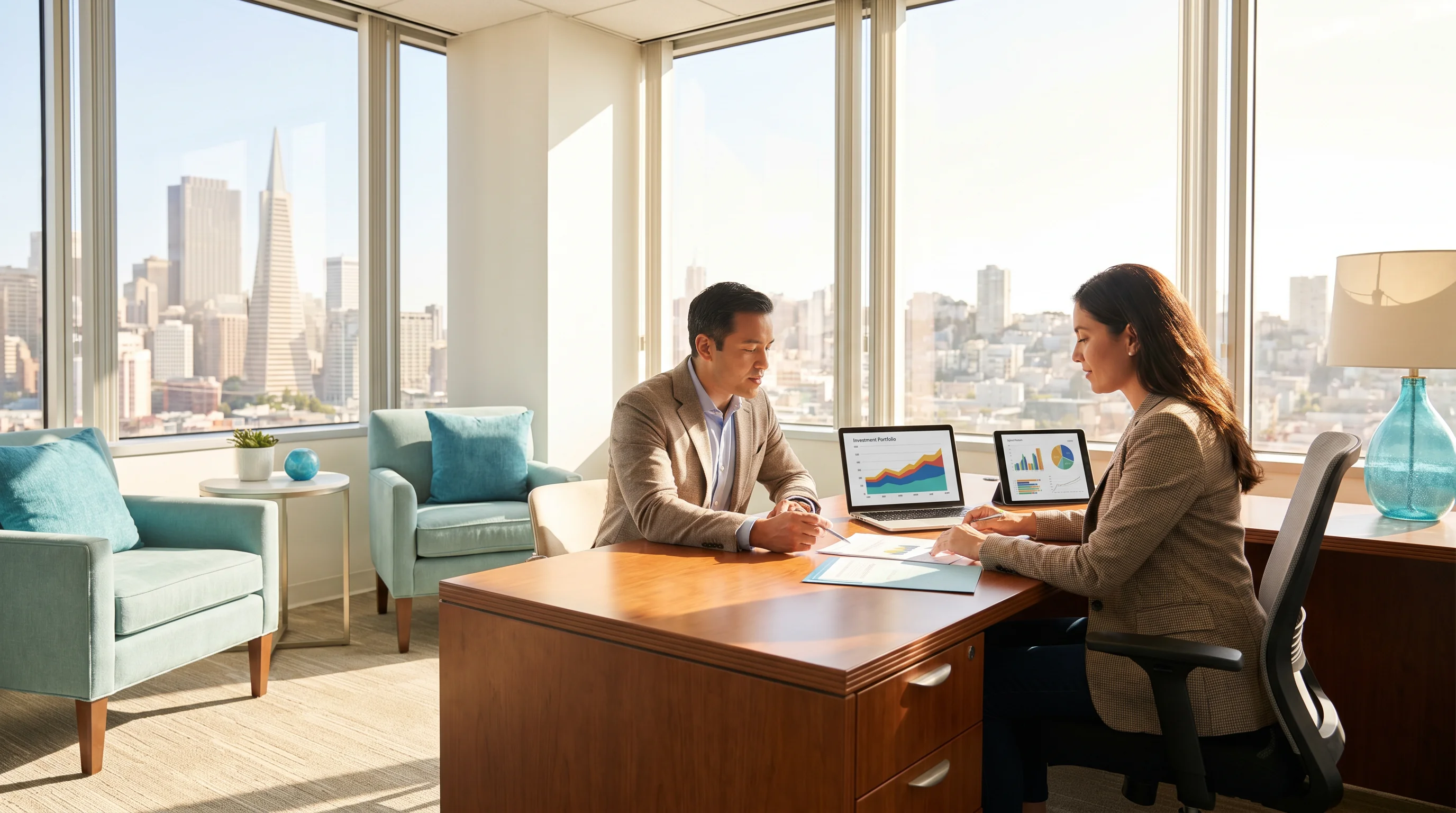 Financial advisor meeting with California client overlooking city skyline